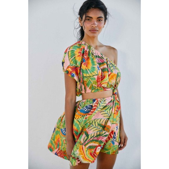 FARM Rio Dresses & Skirts - NWT Farm Rio Macaw Leaves One-Shoulder Mini Dress L Linen-Blend Cut-Out